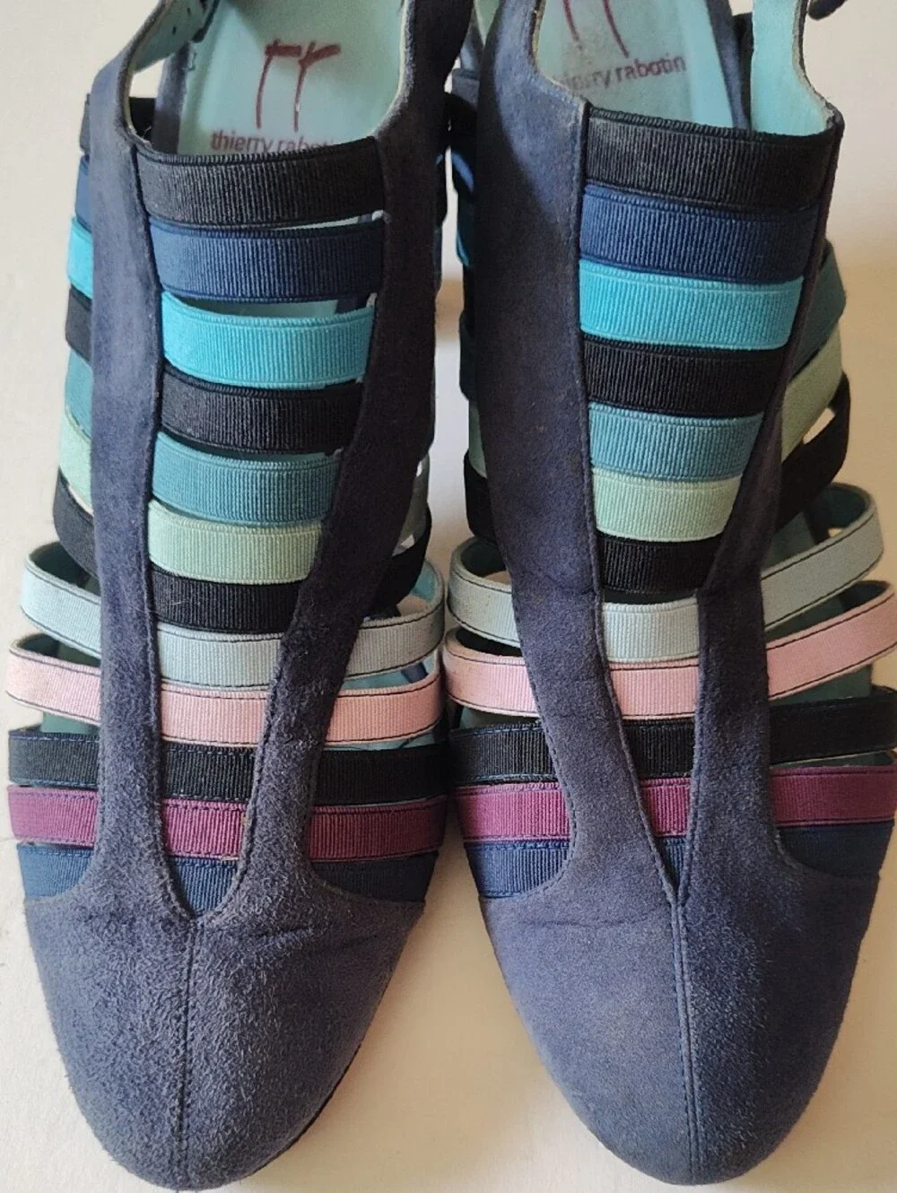 THIERRY RABOTIN Navy Suede Multicolor  Stripe Slingback Heels Size 39.5 US 9.5